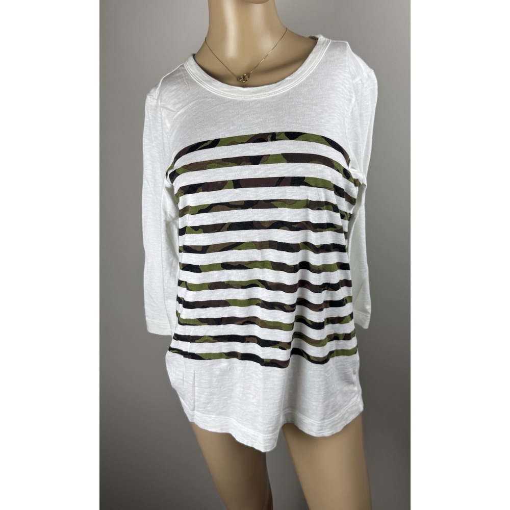 Gap Women's Medium 3/4 Sleeve White Camo Striped Shirt 100% Cotton